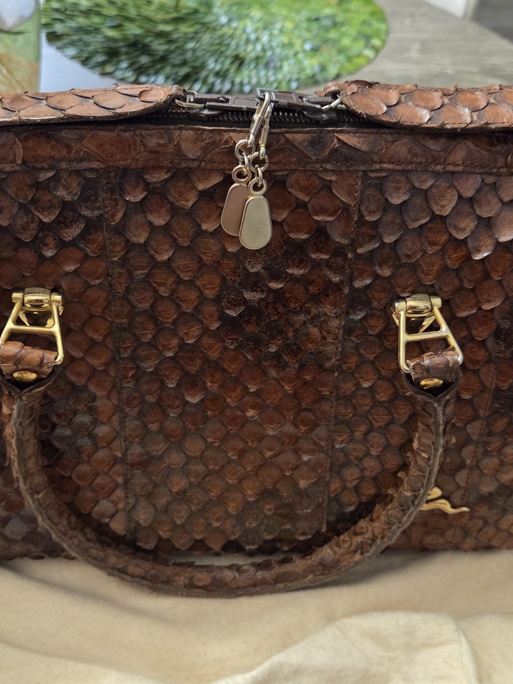 Brown Python-Texture Leather Tote Bag - Picture 3 of 7